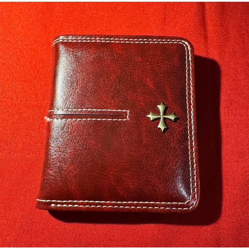 Red Leather Bi-Fold Wallet with Silver Cross Accent & Zip Pocket